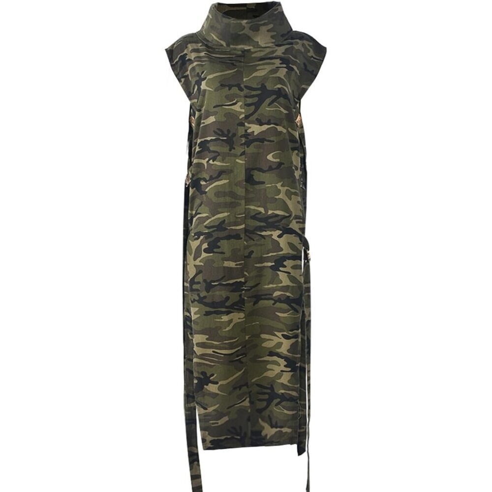Women Denim Camo Dress Sleeveless High Neck Side Slit Casual Summer